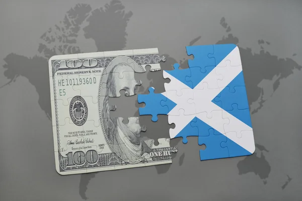 Puzzle with the national flag of scotland and dollar banknote on a world map background. — Stock Photo, Image