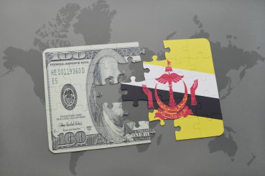 brunei ve Doları banknot dünya harita arka plan üzerinde bayrağı ile bulmaca.