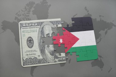 jordan ve Doları banknot dünya harita arka plan üzerinde bayrağı ile bulmaca.