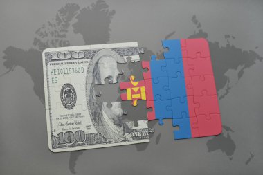 Moğolistan ve Doları banknot dünya harita arka plan üzerinde bayrağı ile bulmaca.