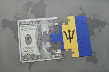 barbados ve Doları banknot dünya harita arka plan üzerinde bayrağı ile bulmaca.