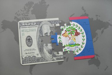 belize ve Doları banknot dünya harita arka plan üzerinde bayrağı ile bulmaca.