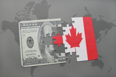 Kanada ve Doları banknot dünya harita arka plan üzerinde bayrağı ile bulmaca.