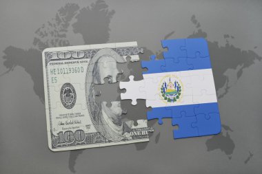 el salvador ve Doları banknot dünya harita arka plan üzerinde bayrağı ile bulmaca.