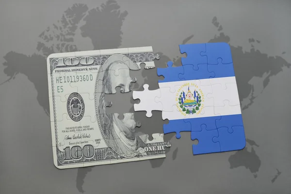 Puzzle with the national flag of el salvador and dollar banknote on a world map background. — Stock Photo, Image