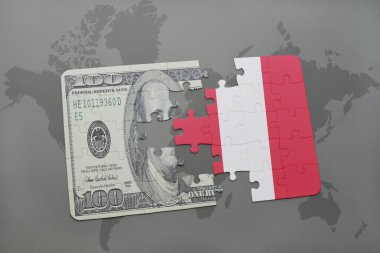 peru ve Doları banknot dünya harita arka plan üzerinde bayrağı ile bulmaca.
