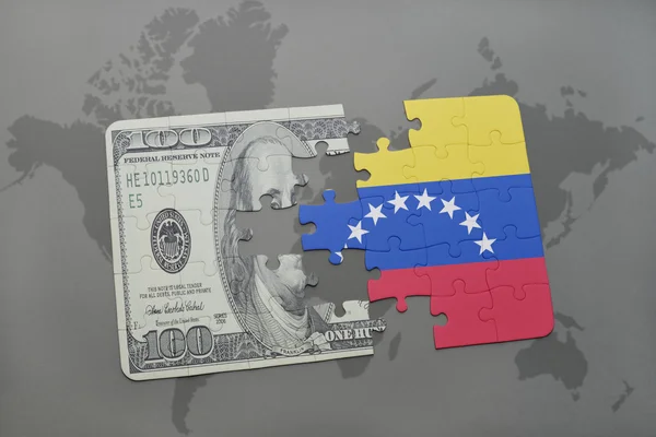 Puzzle with the national flag of venezuela and dollar banknote on a world map background. — Stock Photo, Image