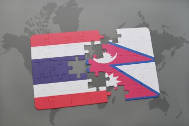 bir dünya haritası arka plan üzerinde tayland ve nepal ulusal bayrağı ile bulmaca.