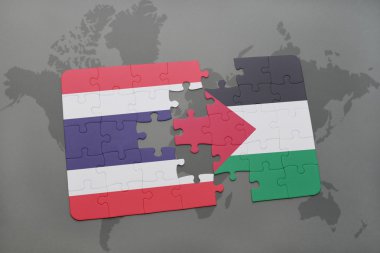 bir dünya haritası arka plan üzerinde tayland ve Filistin ulusal bayrağı ile bulmaca.