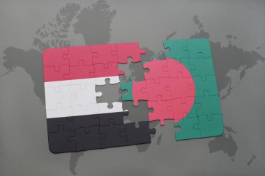 bir dünya haritası arka plan üzerinde Yemen ve Bangladeş ulusal bayrağı ile bulmaca.