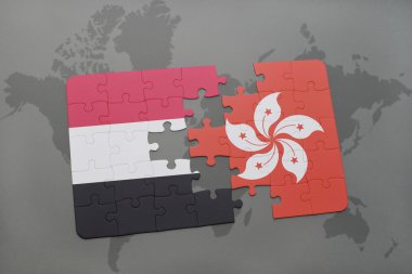 bir dünya haritası arka plan üzerinde Yemen ve Hong Kong ulusal bayrağı ile bulmaca.