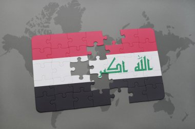 bir dünya haritası arka plan üzerinde Yemen ve Irak ulusal bayrağı ile bulmaca.