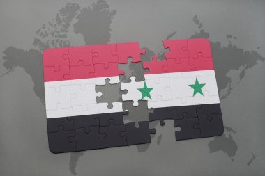 yemen ve osyria n bir dünya haritası arka plan ulusal bayrağı ile bulmaca.