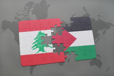 bir dünya haritası arka plan üzerinde Lübnan ve Filistin ulusal bayrağı ile bulmaca.