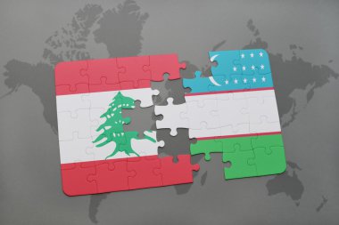 Lübnan ve Özbekistan'a dünya harita arka plan üzerinde bayrağı ile bulmaca.