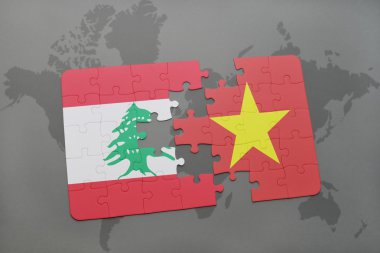 Lübnan ve vietnam ulusal bayrak dünya harita arka plan üzerinde ile bulmaca.