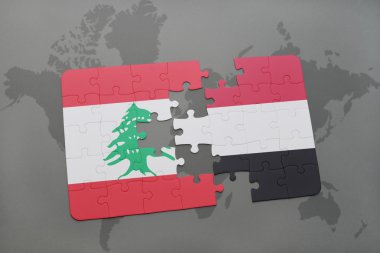 Lübnan ve yemen dünya harita arka plan üzerinde bayrağı ile bulmaca.