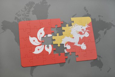 hong kong ve bhutan ulusal bayrak dünya harita arka plan üzerinde ile bulmaca.