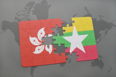 hong kong ve myanmar dünya harita arka plan üzerinde bayrağı ile bulmaca.