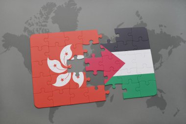 hong kong ve Filistin Ulusal bayrak dünya harita arka plan üzerinde ile bulmaca.