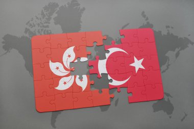 hong kong ve Türkiye'nin dünya harita arka plan üzerinde bayrağı ile bulmaca.