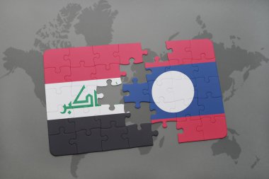 Irak ve laos ulusal bayrak dünya harita arka plan üzerinde ile bulmaca.