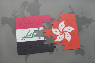Irak ulusal bayrağı ile bulmaca ve bir dünya haritası arka plan üzerinde.