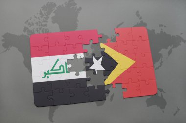 bir dünya haritası arka plan üzerinde Irak ve doğu timor ulusal bayrağı ile bulmaca.