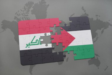 bir dünya haritası arka plan üzerinde Irak ve Filistin ulusal bayrağı ile bulmaca.
