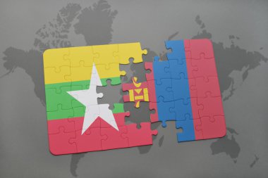 bir dünya haritası arka plan üzerinde myanmar ve moğolistan ulusal bayrağı ile bulmaca.