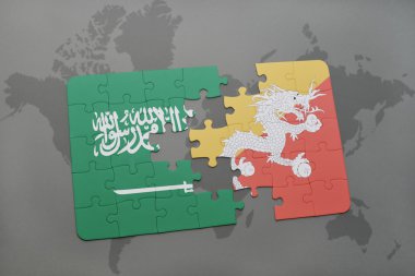 bir dünya haritası arka plan üzerinde Suudi Arabistan ve bhutan ulusal bayrağı ile bulmaca.