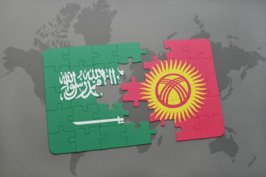 bir dünya haritası arka plan üzerinde Suudi Arabistan ve Kırgızistan ulusal bayrağı ile bulmaca.
