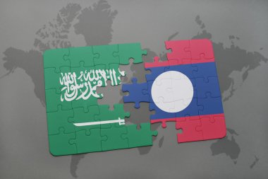 bir dünya haritası arka plan üzerinde Suudi Arabistan ve laos ulusal bayrağı ile bulmaca.