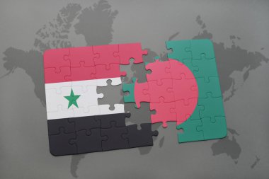 bir dünya haritası arka plan üzerinde Suriye ve Bangladeş ulusal bayrağı ile bulmaca.