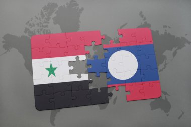 bir dünya haritası arka plan üzerinde Suriye ve laos ulusal bayrağı ile bulmaca.