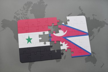 bir dünya haritası arka plan üzerinde Suriye ve Nepal ulusal bayrağı ile bulmaca.