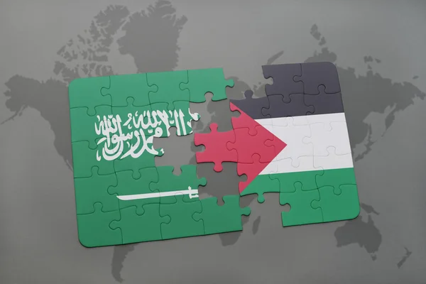 Pussel med den nationella flaggan i Saudiarabien och Palestina på en världskarta bakgrund. — Stockfoto
