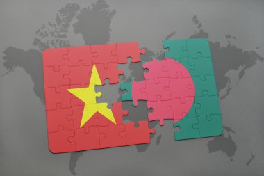 bir dünya haritası arka plan üzerinde vietnam ve Bangladeş ulusal bayrağı ile bulmaca.
