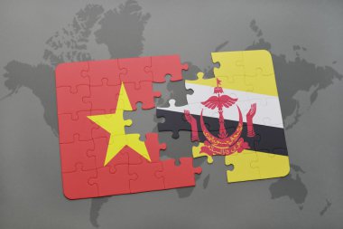 bir dünya haritası arka plan üzerinde vietnam ve brunei ulusal bayrağı ile bulmaca.