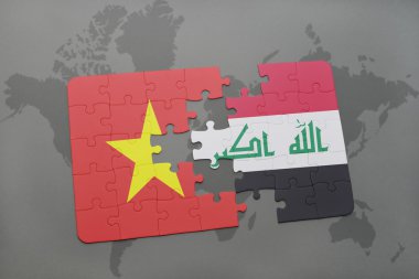 bir dünya haritası arka plan üzerinde vietnam ve Irak ulusal bayrağı ile bulmaca.