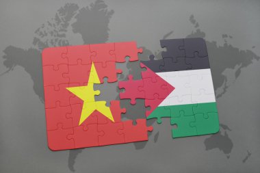 bir dünya haritası arka plan üzerinde Vietnam ve Filistin ulusal bayrağı ile bulmaca.
