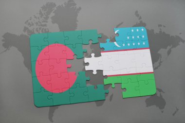 bir dünya haritası arka plan üzerinde bangladeş ve Özbekistan ulusal bayrağı ile bulmaca.