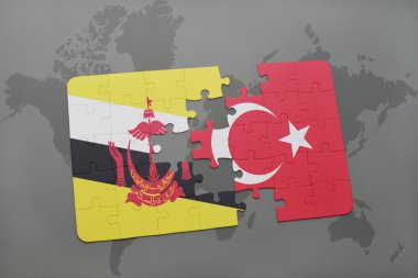 bir dünya haritası arka plan üzerinde brunei ve Türkiye ulusal bayrağı ile bulmaca.