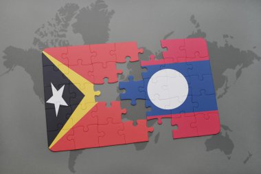 bir dünya haritası arka plan üzerinde doğu timor ve laos ulusal bayrağı ile bulmaca.