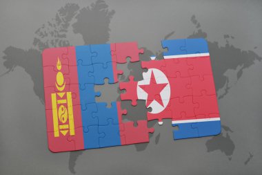 bir dünya haritası arka plan üzerinde moğolistan ve kuzey kore ulusal bayrağı ile bulmaca.