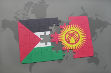 bir dünya haritası arka plan üzerinde Filistin ve Kırgızistan ulusal bayrağı ile bulmaca.