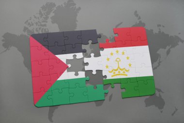 bir dünya haritası arka plan üzerinde filistin ve tacikistan ulusal bayrağı ile bulmaca.
