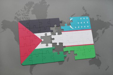 bir dünya haritası arka plan üzerinde Filistin ve Özbekistan ulusal bayrağı ile bulmaca.