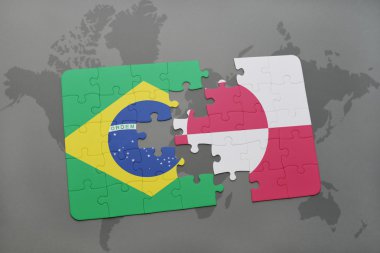 bir dünya haritası arka plan üzerinde Brezilya ve grönland ulusal bayrağı ile bulmaca.