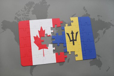 bir dünya haritası arka plan üzerinde kanada ve barbados ulusal bayrağı ile bulmaca.